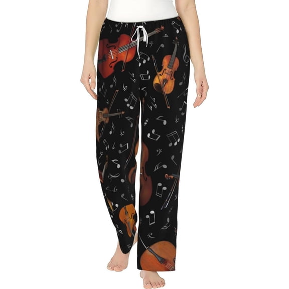 PISONIC Violin Music Note Printed Women's Pajama Pants, Comfy Pajama Bottoms With Pockets&Drawstring