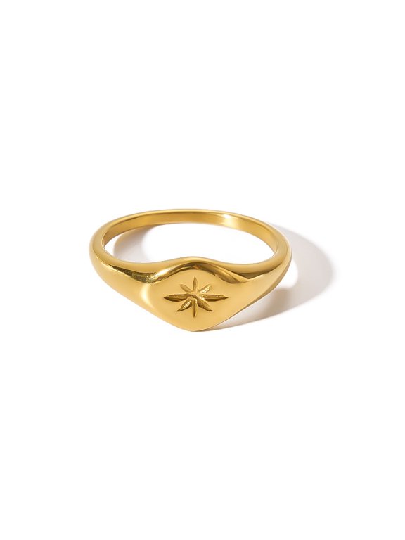Wavy Signet Ring with Engraved North Star, 18K Gold Plated Anti-Tarnish Stainless Steel Minimalist Celestial Stackable Finger Jewelry for Women