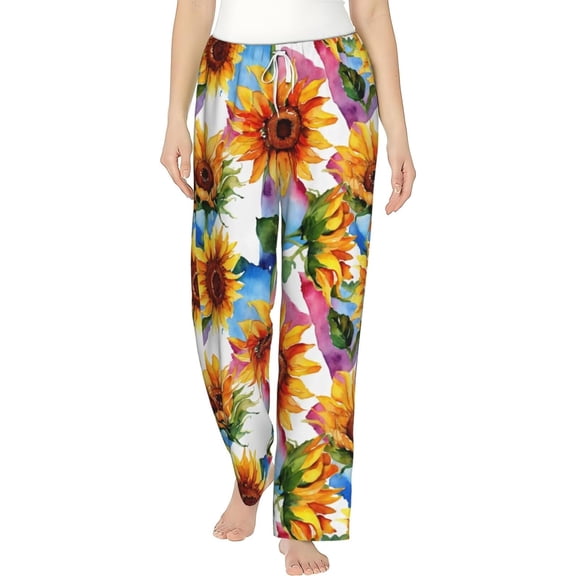 PISONIC Wildflower Sunflower Printed Women's Pajama Pants, Comfy Pajama Bottoms With Pockets&Drawstring
