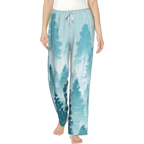 PISONIC Winter Forest Landscape Printed Women's Pajama Pants, Comfy Pajama Bottoms With Pockets&Drawstring