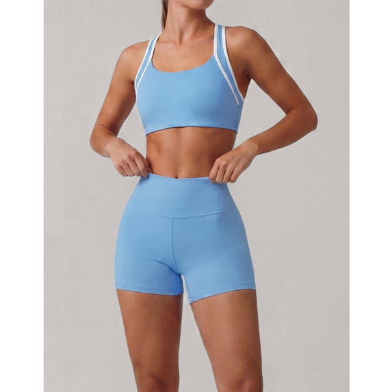 PISONIC Women 2 Piece Color Block Workout Set, Double Strap Racerback Sports Bra & High Waist Butt Lifting Biker Shorts, Summer Breathable Yoga Gym Activewear Outfit