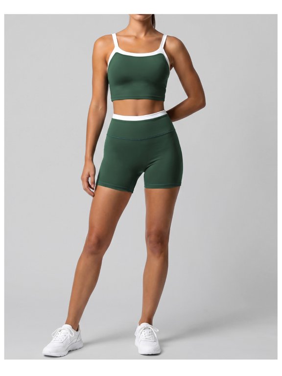 Women 2 Piece Contrast Trim Workout Set, Double Strap Square Neck Padded Sports Bra & High Waist Butt Lifting Biker Shorts, Summer Yoga Gym Activewear Outfit