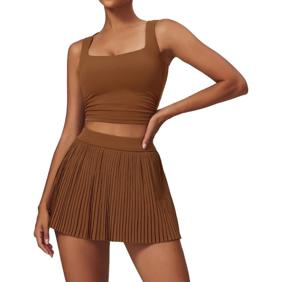 PISONIC Women 2 Piece Tennis Dress Square Neck Tank Top with High Waisted Pleated Workout Skorts Skirt Set Yoga Golf Outfits