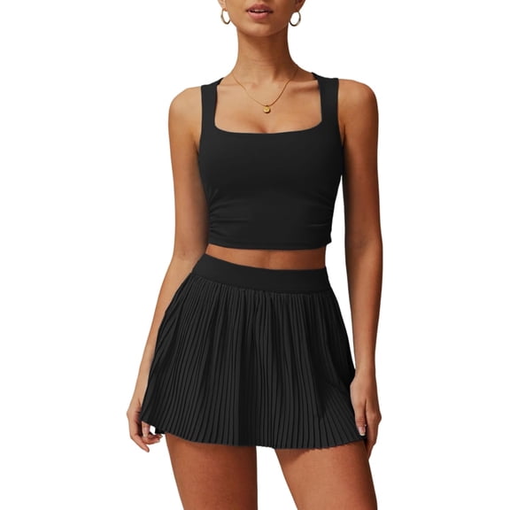 PISONIC Women 2 Piece Tennis Dress Square Neck Tank Top with High Waisted Pleated Workout Skorts Skirt Set Yoga Golf Outfits