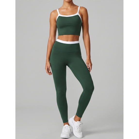 PISONIC Women 2 Piece Two-Piece Contrast Trim Yoga Set, Double Strap Square Neck Padded Sports Bra & High Waist Butt Lifting Full Length Leggings, Workout Gym Activewear Outfit