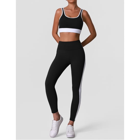 PISONIC Women 2 Piece Workout Sets Color Block Sports Bra High Waist Tummy Control Active Leggings Yoga Outfit Set