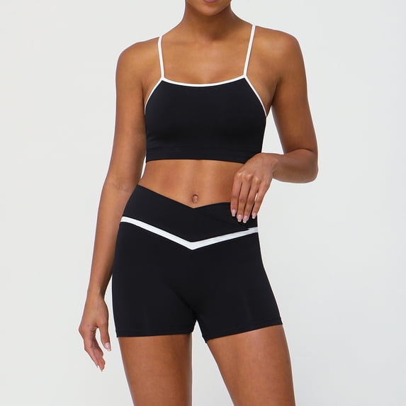 PISONIC Women 2 Piece Workout Sets Color Block Sports Bras Crossover Leggings Set Workout Tracksuit Yoga Outfits