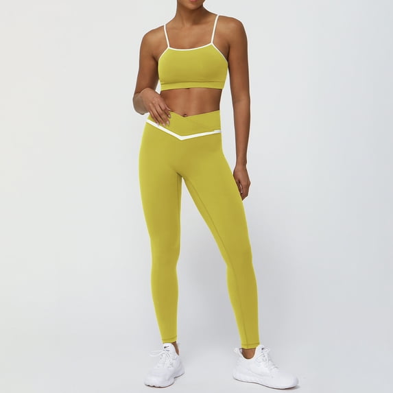PISONIC Women 2 Piece Workout Sets Color Block Sports Bras Crossover Leggings Set Workout Tracksuit Yoga Outfits