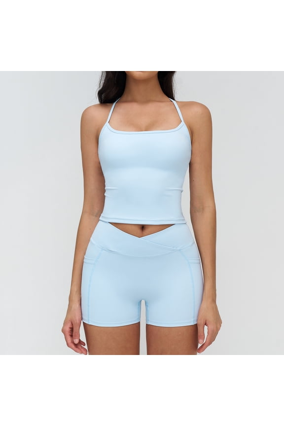 Women 2 Piece Workout Sets Crossover High Waisted Biker Shorts with Pockets Built in Bra Racerback Tank Tops