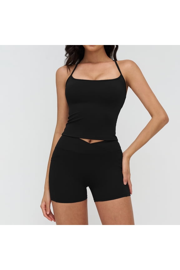 Women 2 Piece Workout Sets Crossover High Waisted Biker Shorts with Pockets Built in Bra Racerback Tank Tops