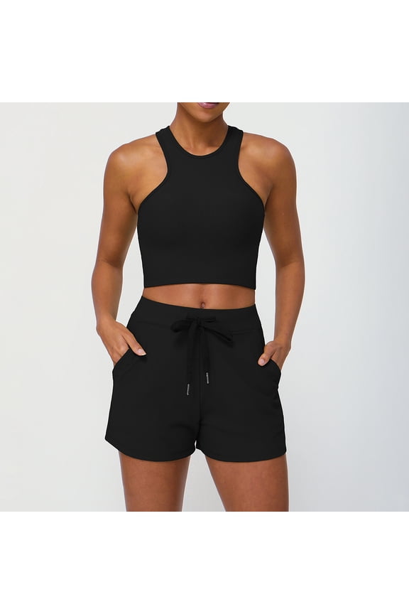 Women 2 Piece Workout Sets High Waisted Biker Shorts with Pockets Built in Bra Racerback Tank Tops