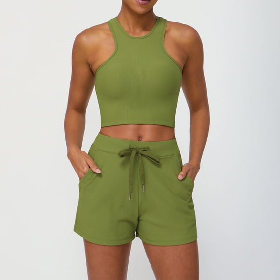 PISONIC Women 2 Piece Workout Sets High Waisted Biker Shorts with Pockets Built in Bra Racerback Tank Tops