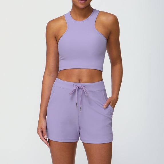PISONIC Women 2 Piece Workout Sets High Waisted Biker Shorts with Pockets Built in Bra Racerback Tank Tops
