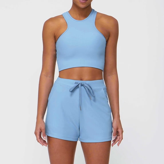 PISONIC Women 2 Piece Workout Sets High Waisted Biker Shorts with Pockets Built in Bra Racerback Tank Tops