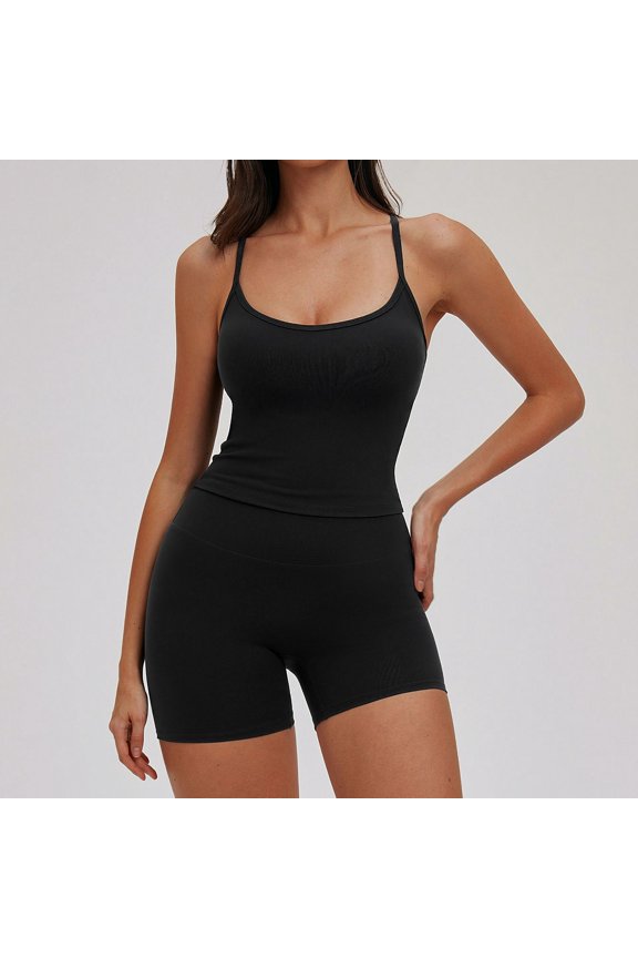 Women 2 Piece Workout Sets High Waisted Tummy Control Biker Shorts Halter Padded Tank Tops