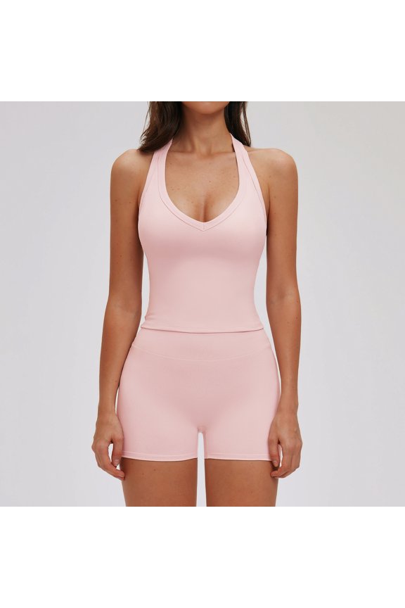 Women 2 Piece Workout Sets High Waisted Tummy Control Biker Shorts Halter Padded Tank Tops