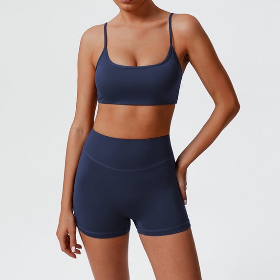 PISONIC Women 2 Piece Workout Sets Padded Halter Sports Bras High Waisted Biker Shorts Yoga Outfits