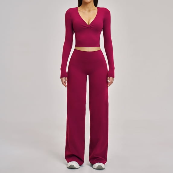 PISONIC Women 2 Pieces Workout Sets Long Sleeve V Neck Tops High Waist Flared Leggings Gym Sets