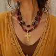 thumbnail image 1 of PISONIC Women Boho Red Printed Fabric Ribbon Necklace, Irregular Tiger‑Eye Look Beads with Geometric Gold Cross Pendant Statement Collar Necklace, 1 of 5