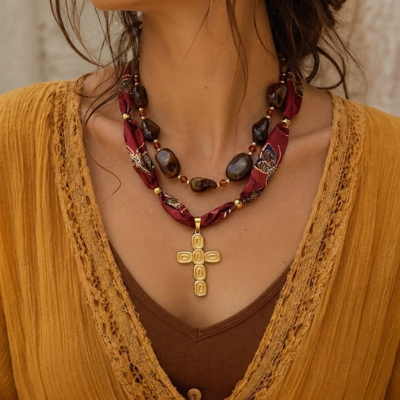 PISONIC Women Boho Red Printed Fabric Ribbon Necklace, Irregular Tiger‑Eye Look Beads with Geometric Gold Cross Pendant Statement Collar Necklace