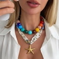 thumbnail image 1 of PISONIC Women Colorful Round Beaded Necklace with Printed Scarf Ribbon & Gold Starfish Pendant, Boho Summer Statement Collar Necklace, 1 of 6