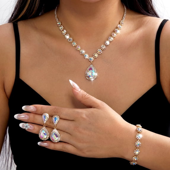 PISONIC Women Gold-Tone Iridescent Crystal Jewelry Set, Teardrop Necklace Drop Earrings Bracelet 3 Pcs Set, Crystal Bridal Wedding Party Prom Statement Jewelry Gift