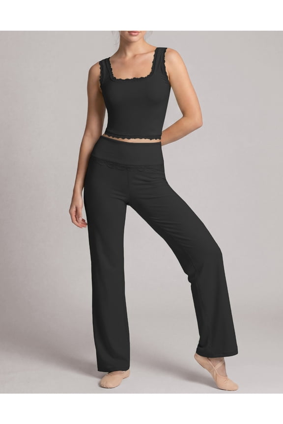Women Lace Trim 2 Piece Yoga Outfit, Square Neck Padded Tank Top & High Waist Straight Wide Leg Pants, Elegant Ballet Dance Training Activewear Set