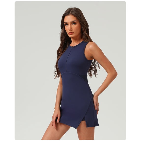 PISONIC Women Sleeveless Zip Front Tennis Yoga Dresses Slim Fit Summer Built in Shorts Golf Athletic Dress