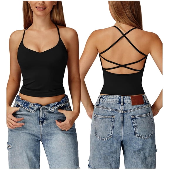 PISONIC Women Tank Tops Longline Sports Bras Criss Cross Back Padded Workout Tank Tops Gym Yoga Bra Top with Built in Bra