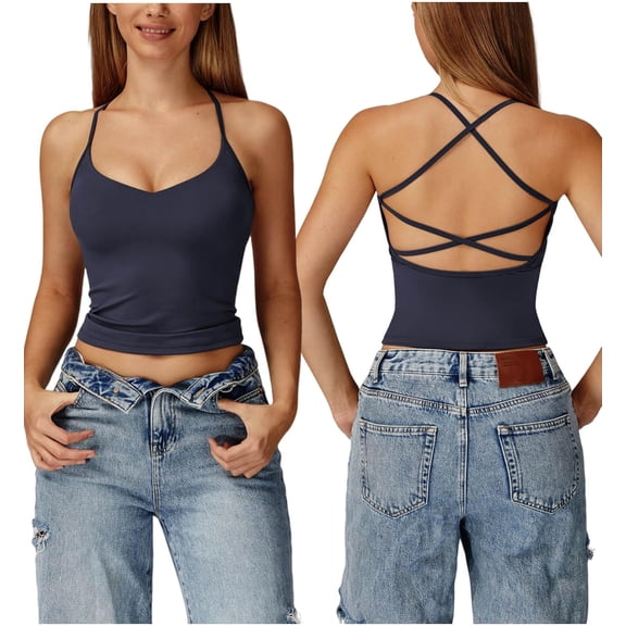 PISONIC Women Tank Tops Longline Sports Bras Criss Cross Back Padded Workout Tank Tops Gym Yoga Bra Top with Built in Bra