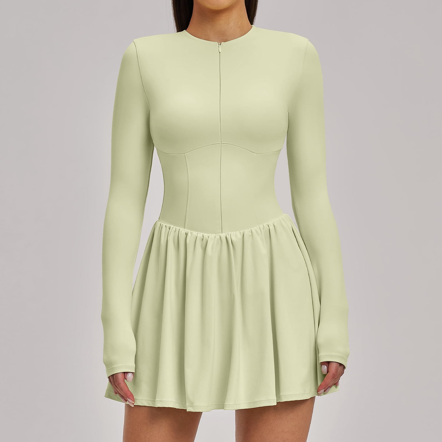 PISONIC Women Tennis Dress Long Sleeve Athletic Outfit with Built in Shorts Mini Golf Workout Dress with Pockets