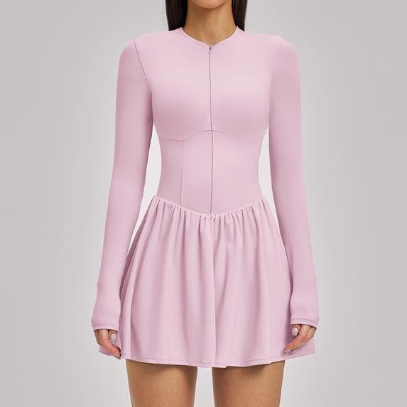 PISONIC Women Tennis Dress Long Sleeve Athletic Outfit with Built in Shorts Mini Golf Workout Dress with Pockets