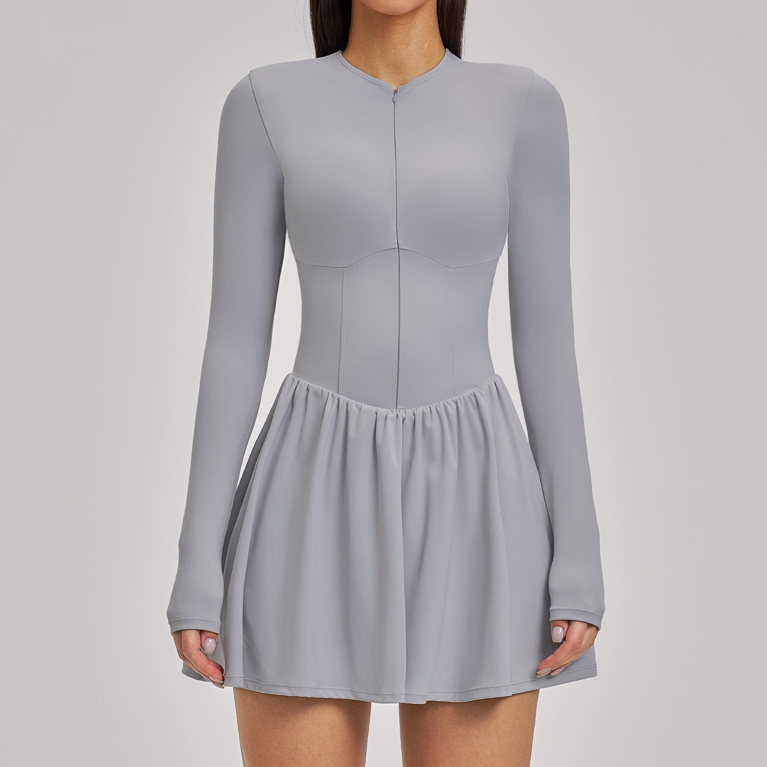 PISONIC Women Tennis Dress Long Sleeve Athletic Outfit with Built in Shorts Mini Golf Workout Dress with Pockets
