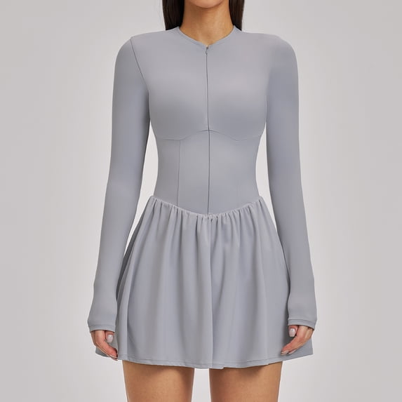 PISONIC Women Tennis Dress Long Sleeve Athletic Outfit with Built in Shorts Mini Golf Workout Dress with Pockets