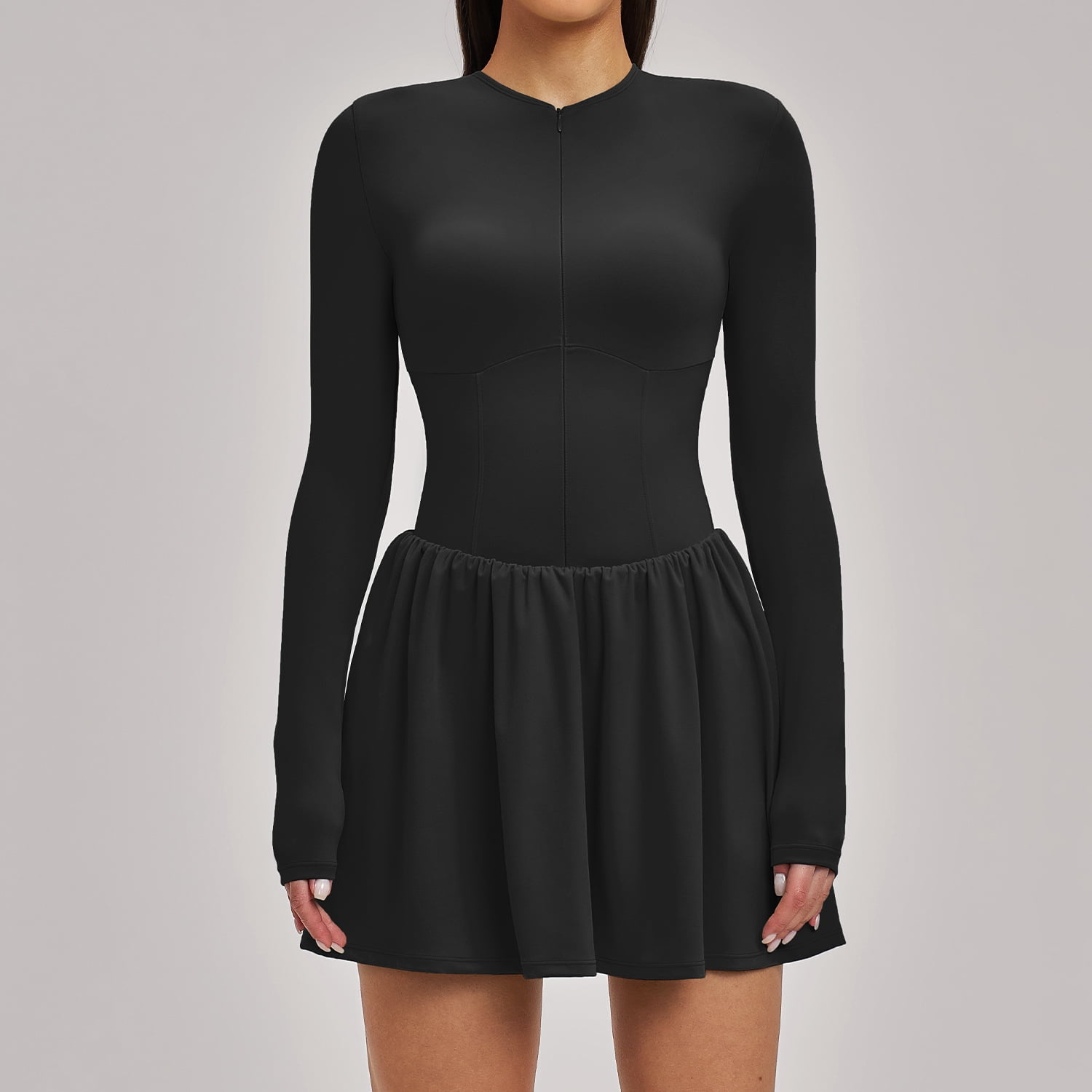 PISONIC Women Tennis Dress Long Sleeve Athletic Outfit with Built in Shorts Mini Golf Workout Dress with Pockets