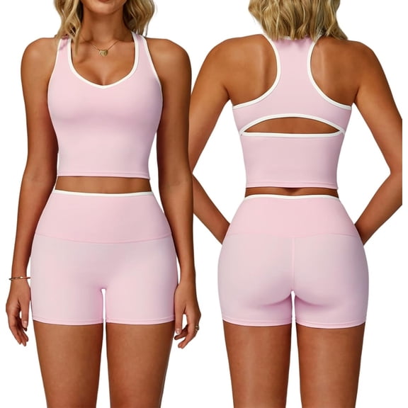 PISONIC Women Two Piece Workout Sets Color Block Backless Tank Top and High Waist Booty Lifting Shorts Gym Yoga Active Outfits