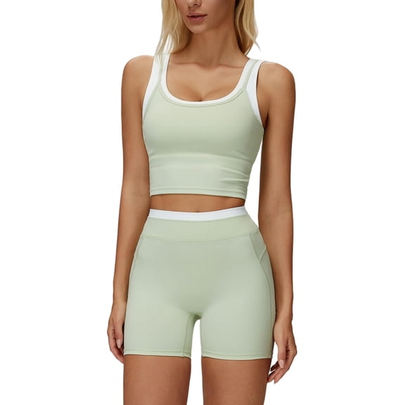 PISONIC Women Two Piece Workout Sets Color Block Backless Tank Top and High Waist Booty Lifting Shorts Gym Yoga Active Outfits