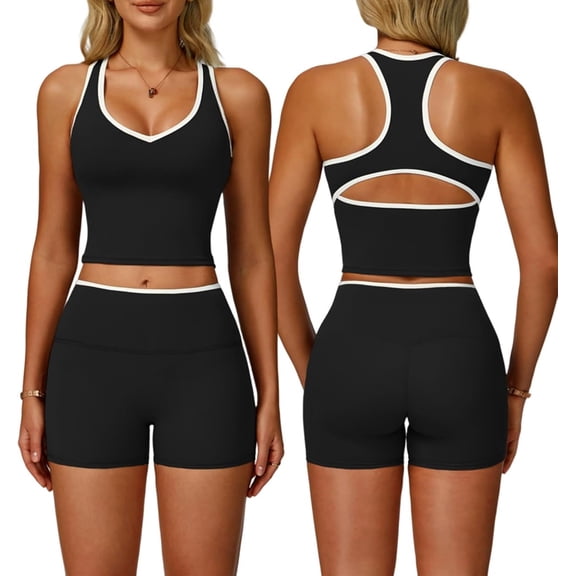 PISONIC Women Two Piece Workout Sets Color Block Backless Tank Top and High Waist Booty Lifting Shorts Gym Yoga Active Outfits