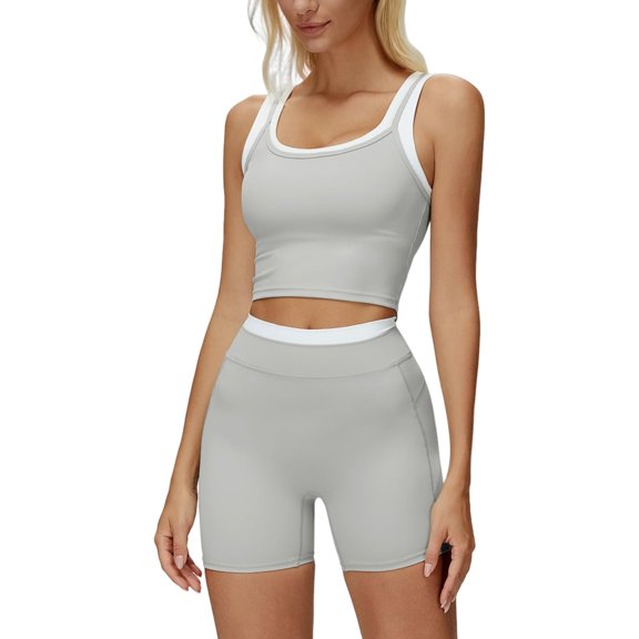 PISONIC Women Two Piece Workout Sets Color Block Backless Tank Top and High Waist Booty Lifting Shorts Gym Yoga Active Outfits