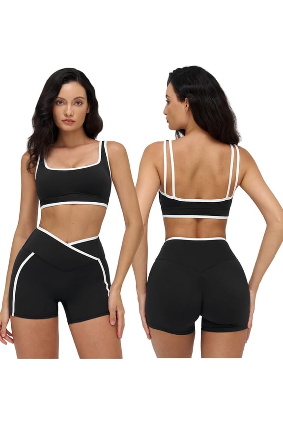 Women Two Piece Workout Sets Color Block Sports Bra and High Waist Shorts Gym Yoga Athletic Outfits
