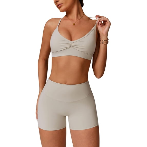 PISONIC Women Two Piece Workout Sets Support Ruched Cross Back Sports Bras Matching Booty Lifting Shorts Gym Yoga Outfits