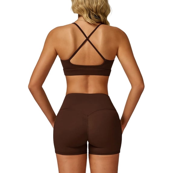 PISONIC Women Two Piece Workout Sets Support Ruched Cross Back Sports Bras Matching Booty Lifting Shorts Gym Yoga Outfits