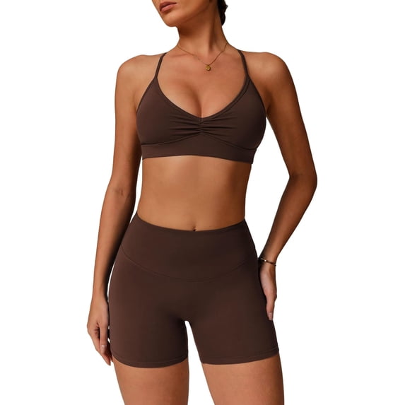 PISONIC Women Two Piece Workout Sets Support Ruched Cross Back Sports Bras Matching Booty Lifting Shorts Gym Yoga Outfits