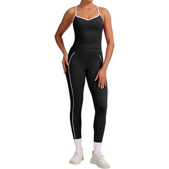 PISONIC Women Two Pieces Workout Set Tank Top Color Block High Waist Leggings Gym Work Outfits with Pockets