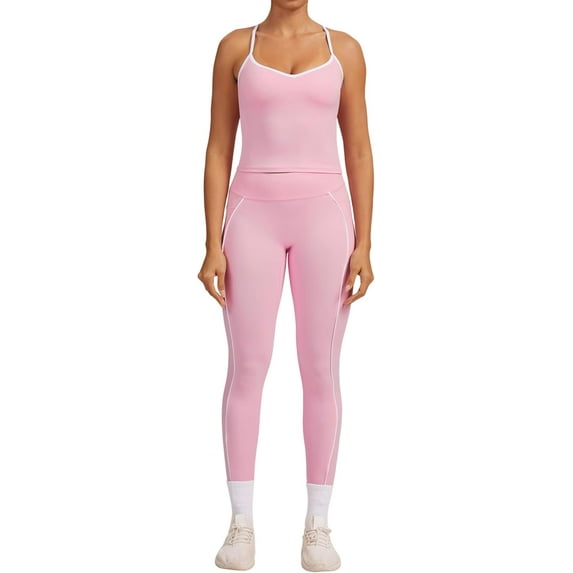 PISONIC Women Two Pieces Workout Set Tank Top Color Block High Waist Leggings Gym Work Outfits with Pockets