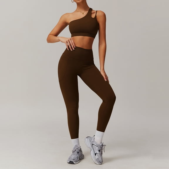 PISONIC Women Workout Set Single Shoulder Straps Sports Bras Leggings Set 2 Piece Gym Yoga Active Wear Outfit with Pockets