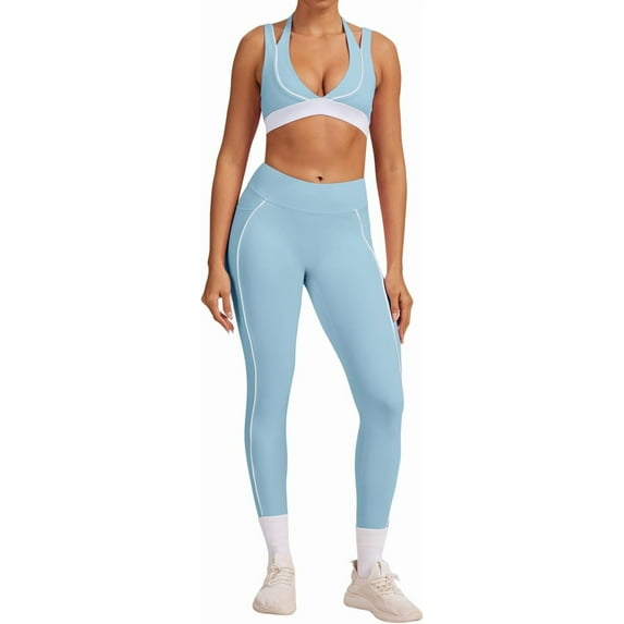PISONIC Women Workout Set Two Pieces Adjustable Straps Color Block Sports Bra High Waist Leggings Gym Work Outfits with Pockets