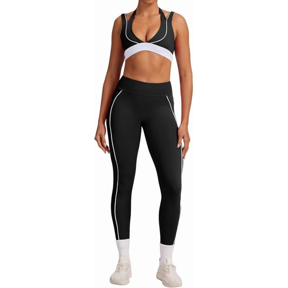 PISONIC Women Workout Set Two Pieces Adjustable Straps Color Block Sports Bra High Waist Leggings Gym Work Outfits with Pockets