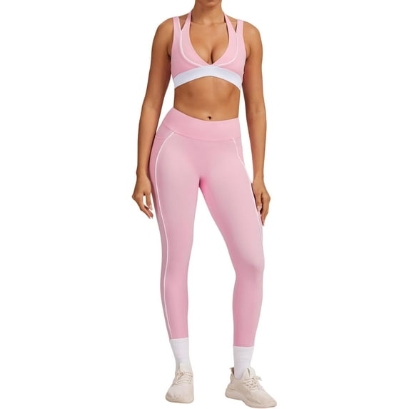 PISONIC Women Workout Set Two Pieces Adjustable Straps Color Block Sports Bra High Waist Leggings Gym Work Outfits with Pockets