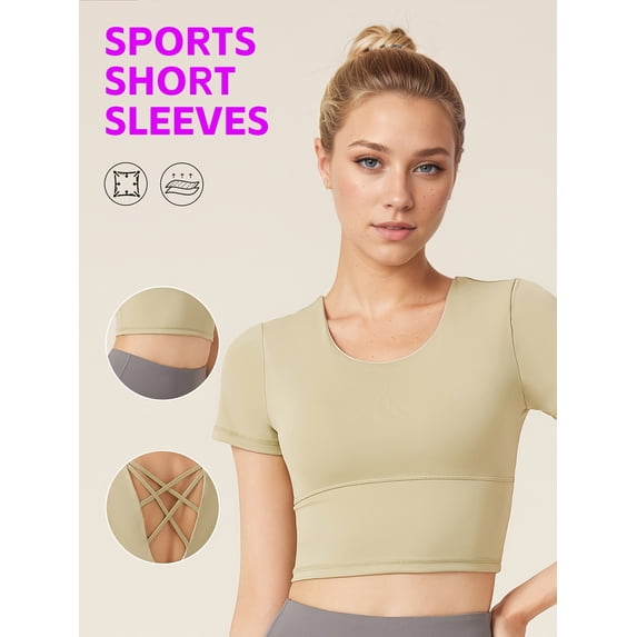 PISONIC Women's Athletic Crop Top with Cross-Back Design and Built-In Bra Pads - Short Sleeve Activewear for Running, Yoga, Cycling - Breathable, Stretchy, Cycling Top | Cross Back Design